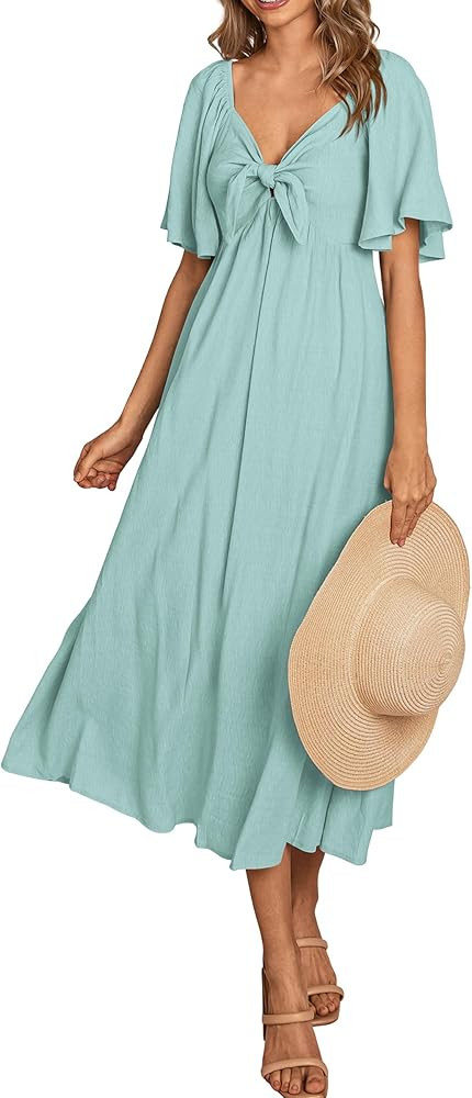 PRETTYGARDEN Summer Dress for Women 2024 Casual Short Sleeve Bow Tie V Neck Ruffle Midi Flowy Dre... | Amazon (US)