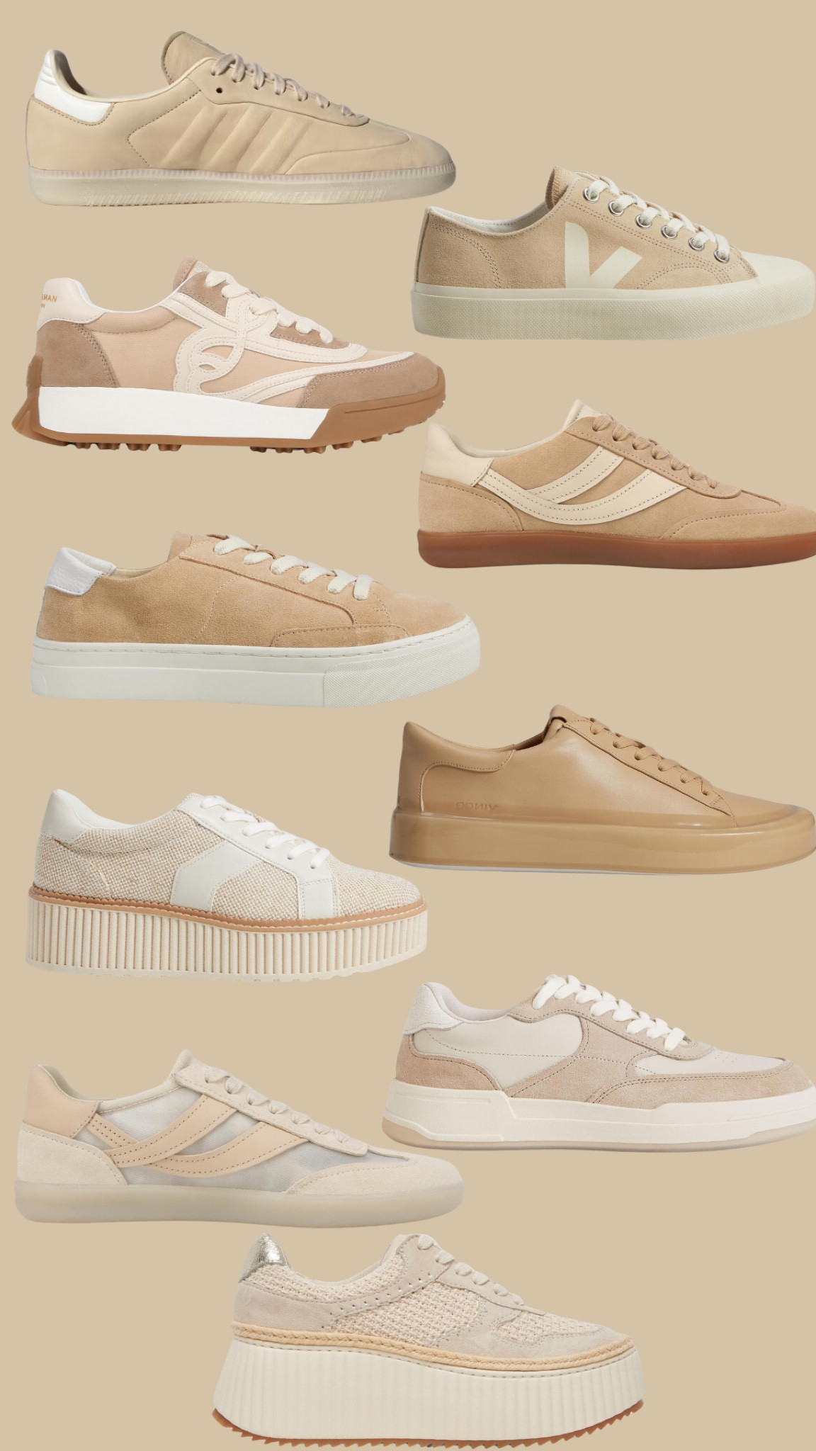 Nude, beige and cream sneakers for autumns, charm, house of Colour autumn, samba, adidas, Sam Edelman, dolce vita, Vince, Chloe dupe, platform sneaker, wedge sneaker, gym sole, lifestyle sneaker, quiet luxury, neutral, true autumn, soft autumn, warm autumn, dark autumn, tan

#LTKshoecrush