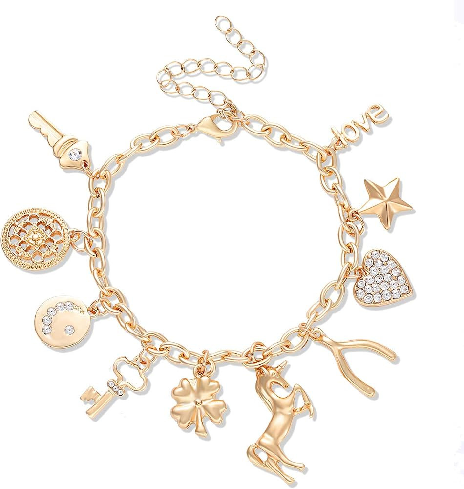 CEALXHENY Women’s Link Charm Bracelet Unicorn Butterfly Star Heart Pendant Charms Bracelet Bang... | Amazon (US)