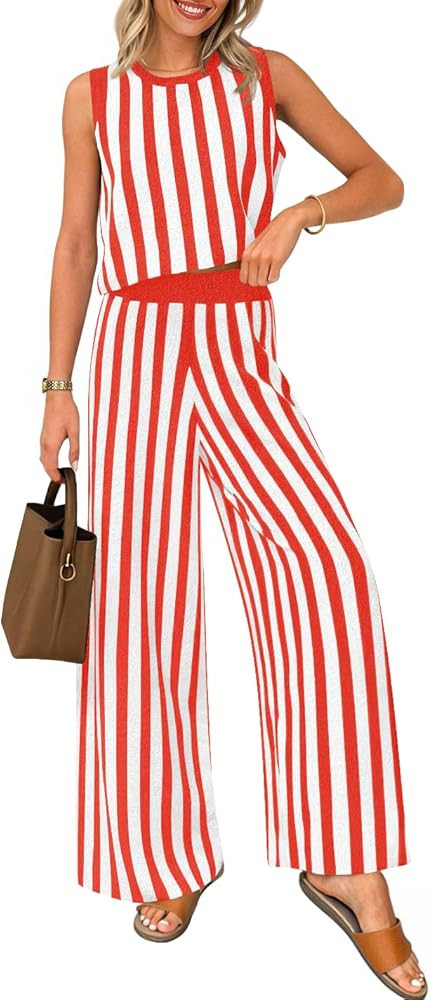 ZESICA Women's Summer Two Piece Outfits Crop Tank Tops and Wide Leg Pants Striped Lounge Travel S... | Amazon (US)