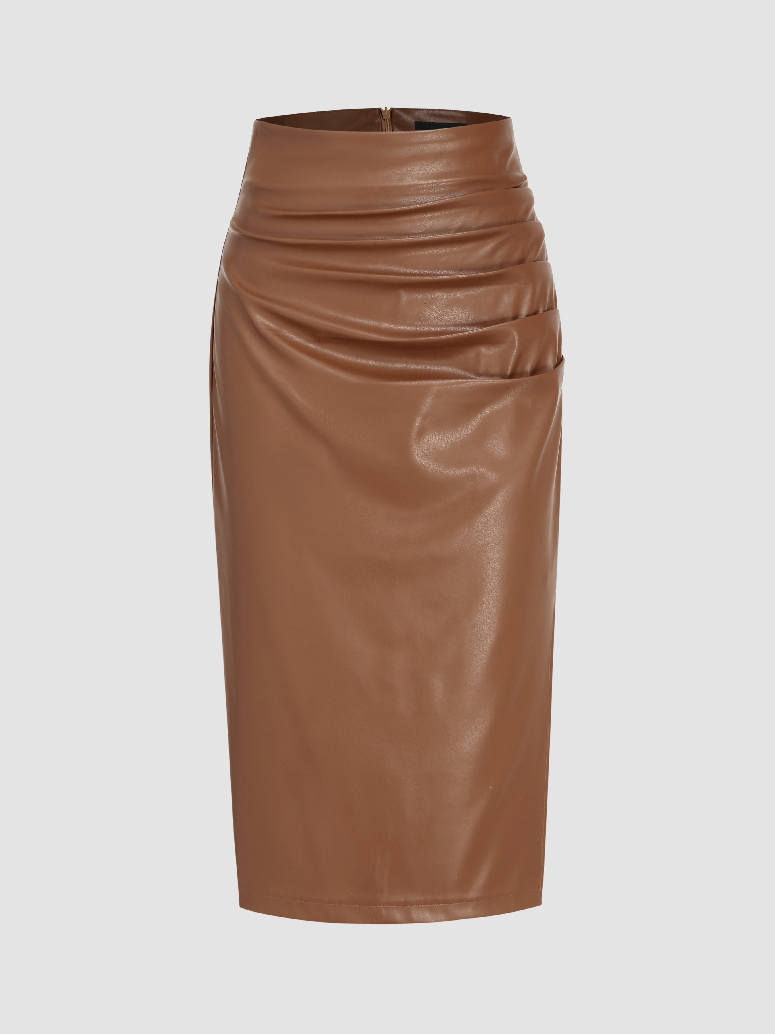 Faux Leather Faux Leather Mid Waist Ruched Midi Skirt For Date Work | Cider