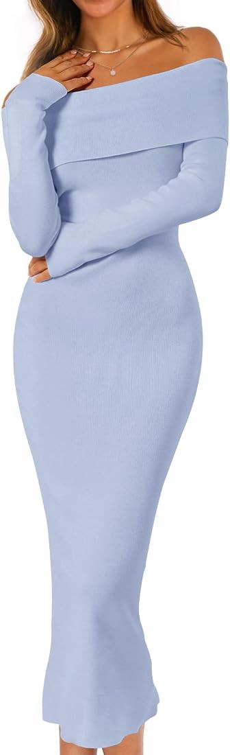 MEROKEETY Women's Winter Off Shoulder Bodycon Sweater Dress Formal Long Sleeve Elegant Cocktail P... | Amazon (US)