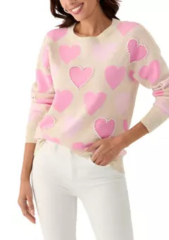 Crown & Ivy™ Women's Heart Printed Pearl Embellished Sweater | Belk