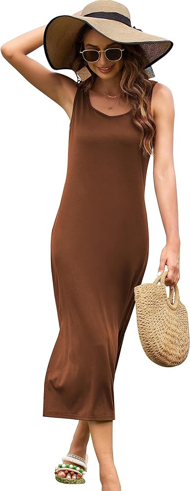 Naggoo Women's Sleevelee Tank Dress Midi Summer Casual Scoop Neck Basic Split Maxi Tshirt Sundres... | Amazon (US)