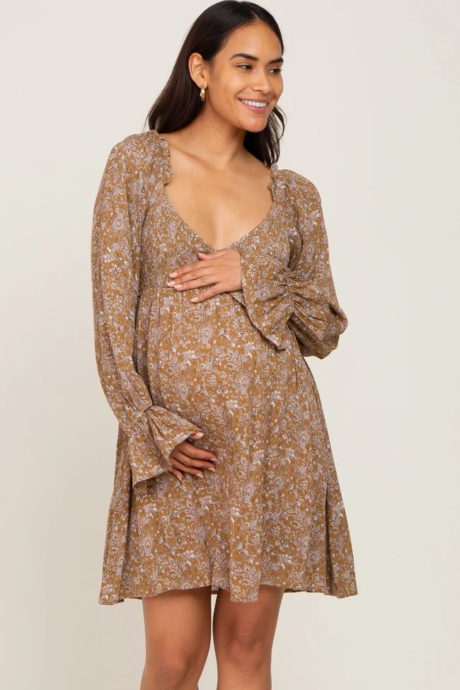 Gold Paisley Print Smocked Maternity Mini Dress | PinkBlush Maternity