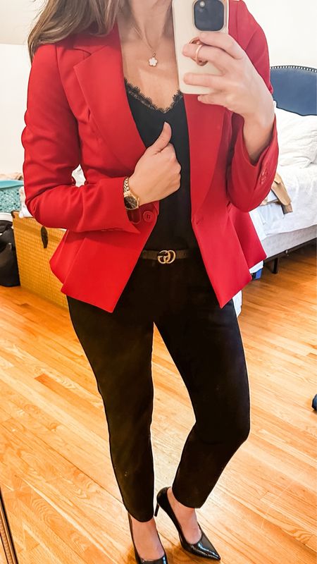Work wear power suit!
The Gucci belt really polishes this outfit.  My blazer is sold out but I linked everything else including the very comfortable heels I’m wearing.

My dress pants are the ultimate staple for my girls who don’t love high waisted —these are mid rise and super flattering!

#LTKMostLoved #LTKstyletip #LTKworkwear