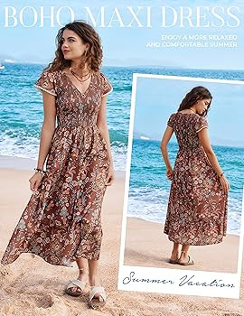 Kate Kasin Women Summer Floral Maxi Dresses 2026, V Neck Smocked Boho Sundress, Flowy Long Beach ... | Amazon (US)