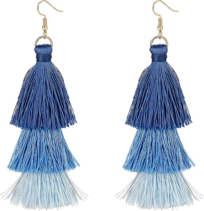 FINREZIO Dangle Tassel Blue Earring for Women Girls Boho Earring Long Thread Tassel Earrings Bohe... | Amazon (US)