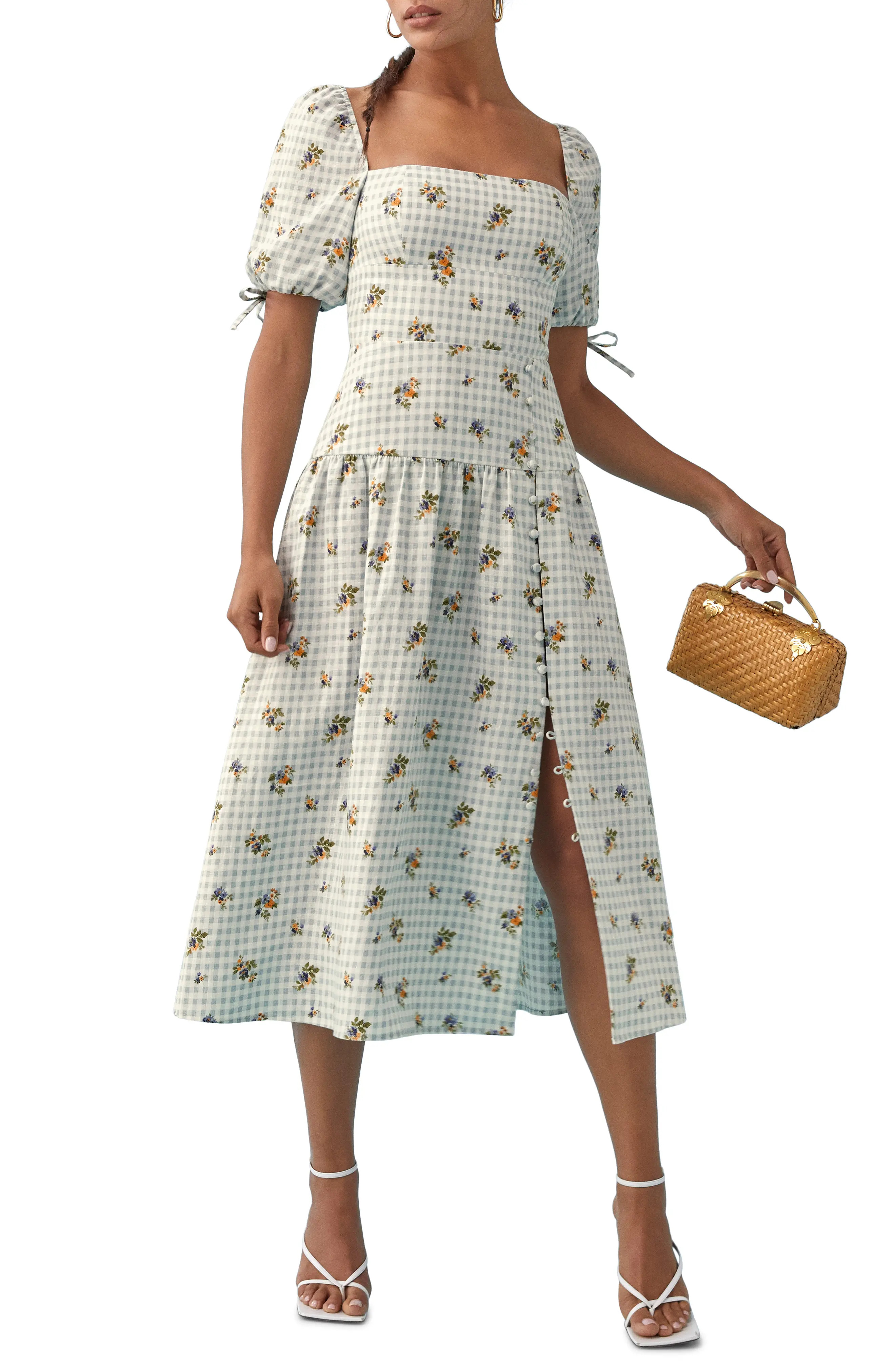 Women's Reformation Melony Floral Gingham Square Neck Linen Midi Dress, Size 6 - Blue | Nordstrom