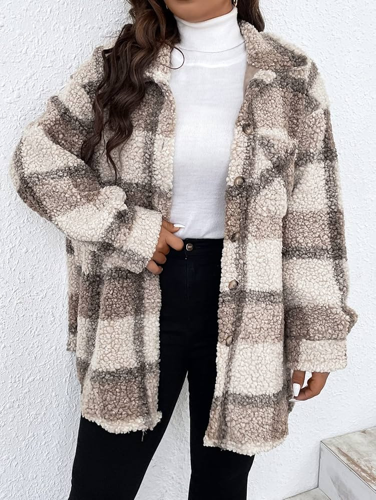 DXXDLE Casual Outwear Tops for Women's Long Sleeve Plus Size Plaid Pattern Drop Shoulder Flannel ... | Amazon (US)