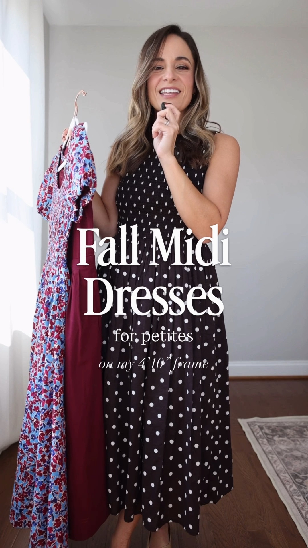 Three fall midi dresses for petites! 

Brown dress: petite xs (sized up) 
Burgundy dress: petite 00 (recommend sizing up) 
Floral dress: petite xxs (recommend sizing up)

#LTKPetite