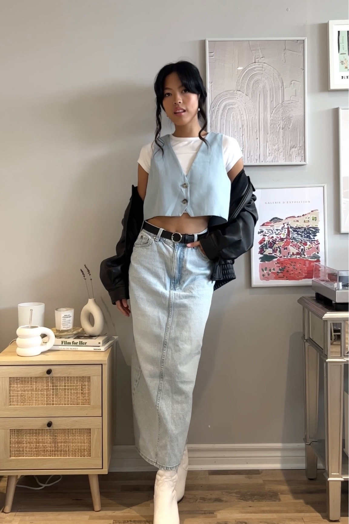 Maxi denim skirt, cowboy boots, vest, leather jacket, outfit inspo, casual style, casual chic, spring trends, spring fashion 

#LTKfit #LTKworkwear #LTKstyletip