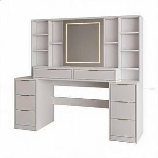 1-Piece White Makeup Vanity Desk with Mirror and Lights, 59-Inch Dressing Table with 8 Drawers & Open Shelves | The Home Depot
