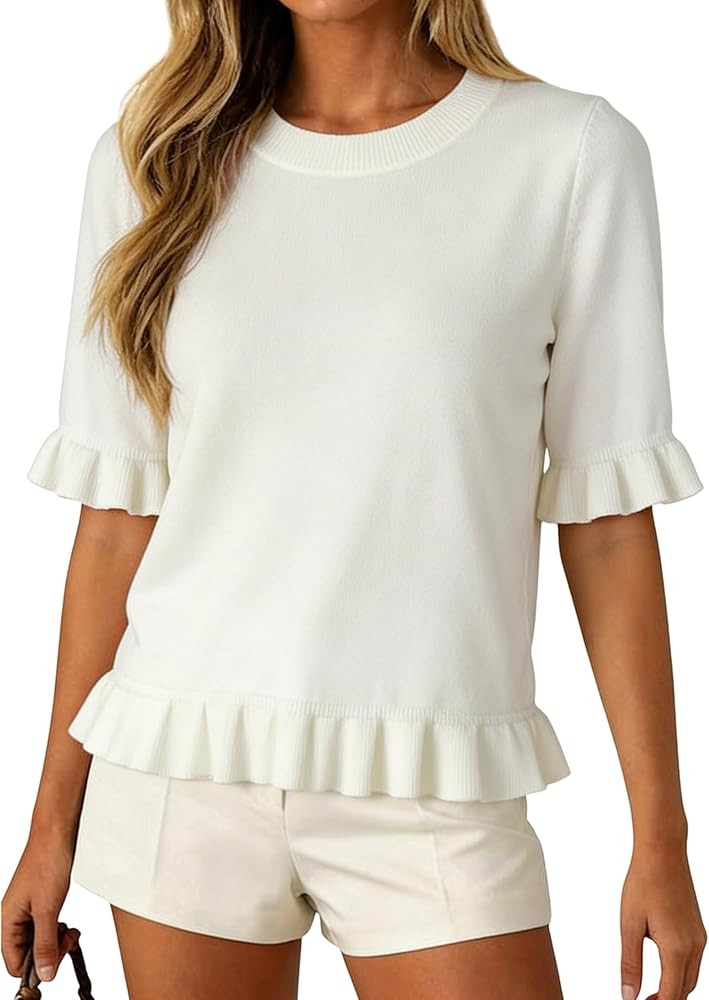 Dqbeng Womens Short Sleeve Sweater Knit Top Crewneck Lightweight Summer Tops Casual Ruffle Hem Bl... | Amazon (US)
