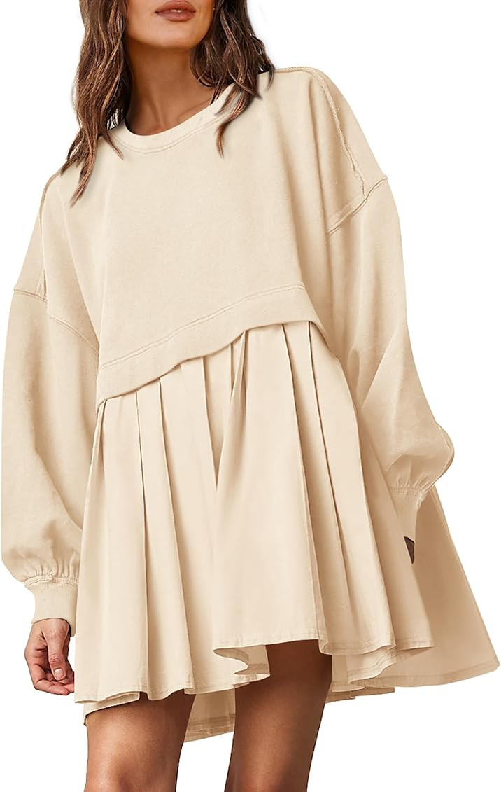 PRETTYGARDEN Women's Casual Sweatshirt Dress Long Sleeve Patchwork Pullover Tops Pleated Mini Dresses | Amazon (US)