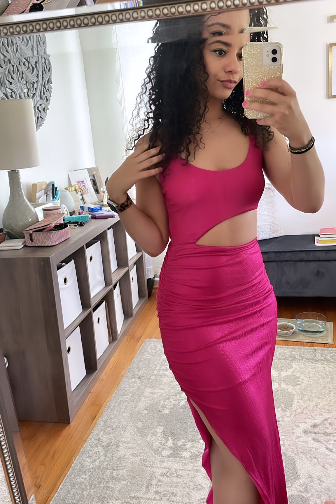 knee length dresses for ladies Happy Clothing Embellished Hooded Mesh Maxi Dress in Dusty Pink main image 0