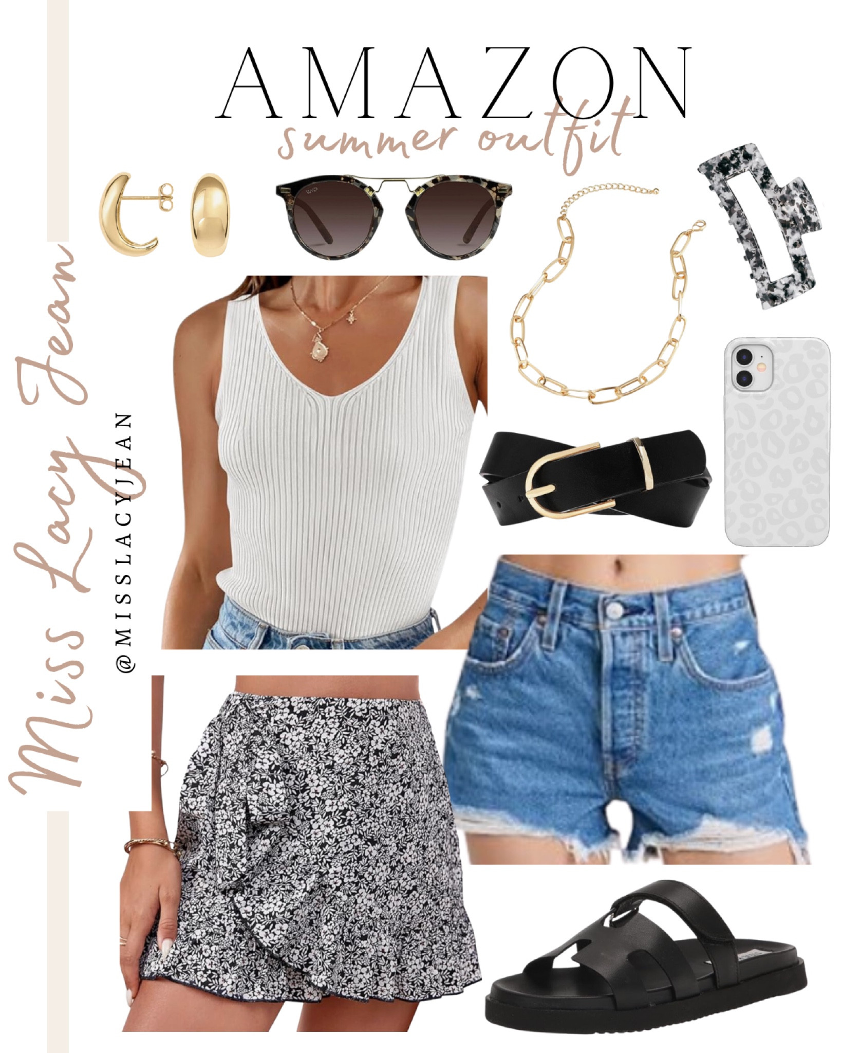 Amazon casual outfit finds include white tank, denim shorts, floral skirt, black slide sandals, black belt, white phone case, gold necklace, sunglasses, hair claw, gold earrings.

Casual outfit, summer outfit, Amazon finds, summer finds, summer skirt

#LTKFindsUnder50 #LTKShoeCrush #LTKStyleTip