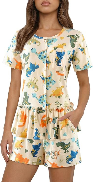 LovinPet Women's Pajama Set, Button-Front Short Sleeve Peplum Top and Drawstring Shorts with Pock... | Amazon (US)