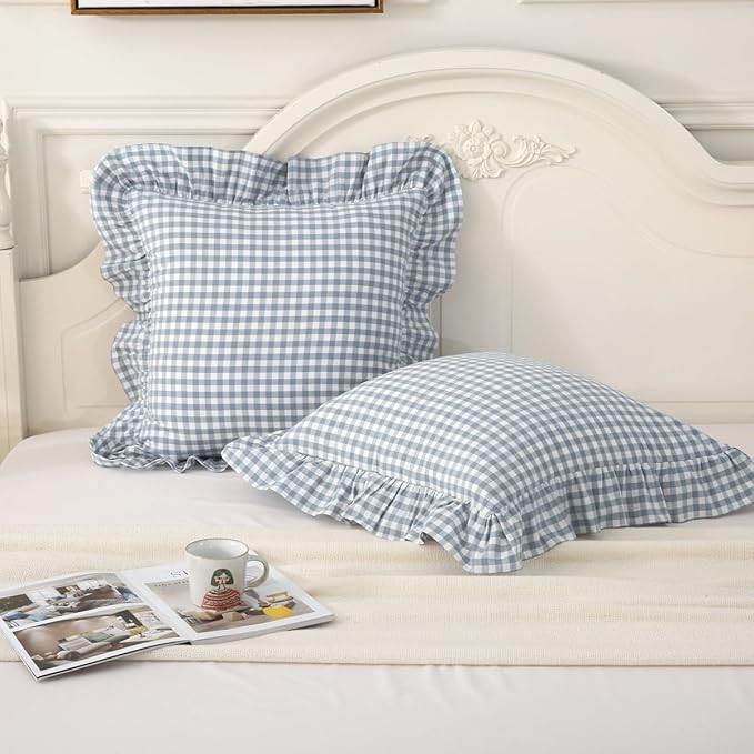 Dusty Blue Plaid Ruffle Throw Pillow Covers Set of 2,Washed Cotton Shabby Checkered Gingham Pillo... | Amazon (US)