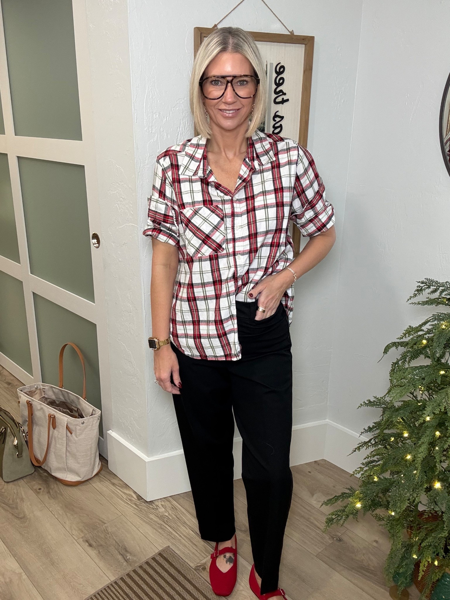 I love a festive yet casual outfit. 

This flannel is older from Walmart but I’ll link up other options. 

These tuxedo style pants from Old Navy are such a win! They can easily be dressed or worn more casually as shown here. They fit tts, I’m wearing a 6. 

I finished it off with my Vivia red flats. 

Earrings and bracelet are from SugarFix found at Target 

Holiday outfit, holiday style, Christmas plaid, black pants, straight leg pants, 

#LTKOver40 #LTKootd #LTKHoliday