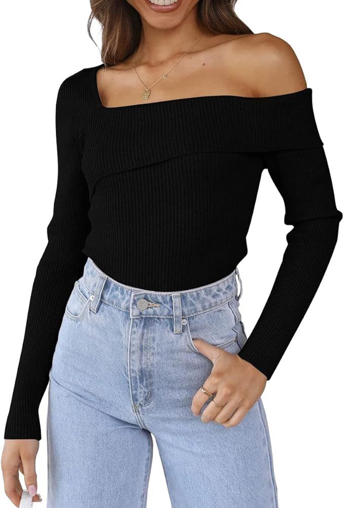 LILLUSORY Womens Cold Shoulder Sweaters Off The Shoulder Pullover Fall 2022 Long Sleeve Slim Fit Rib | Amazon (US)