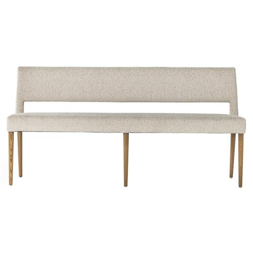 Fatima Mid Century Modern Beige Upholstered Brown Wood Dining Bench | Kathy Kuo Home