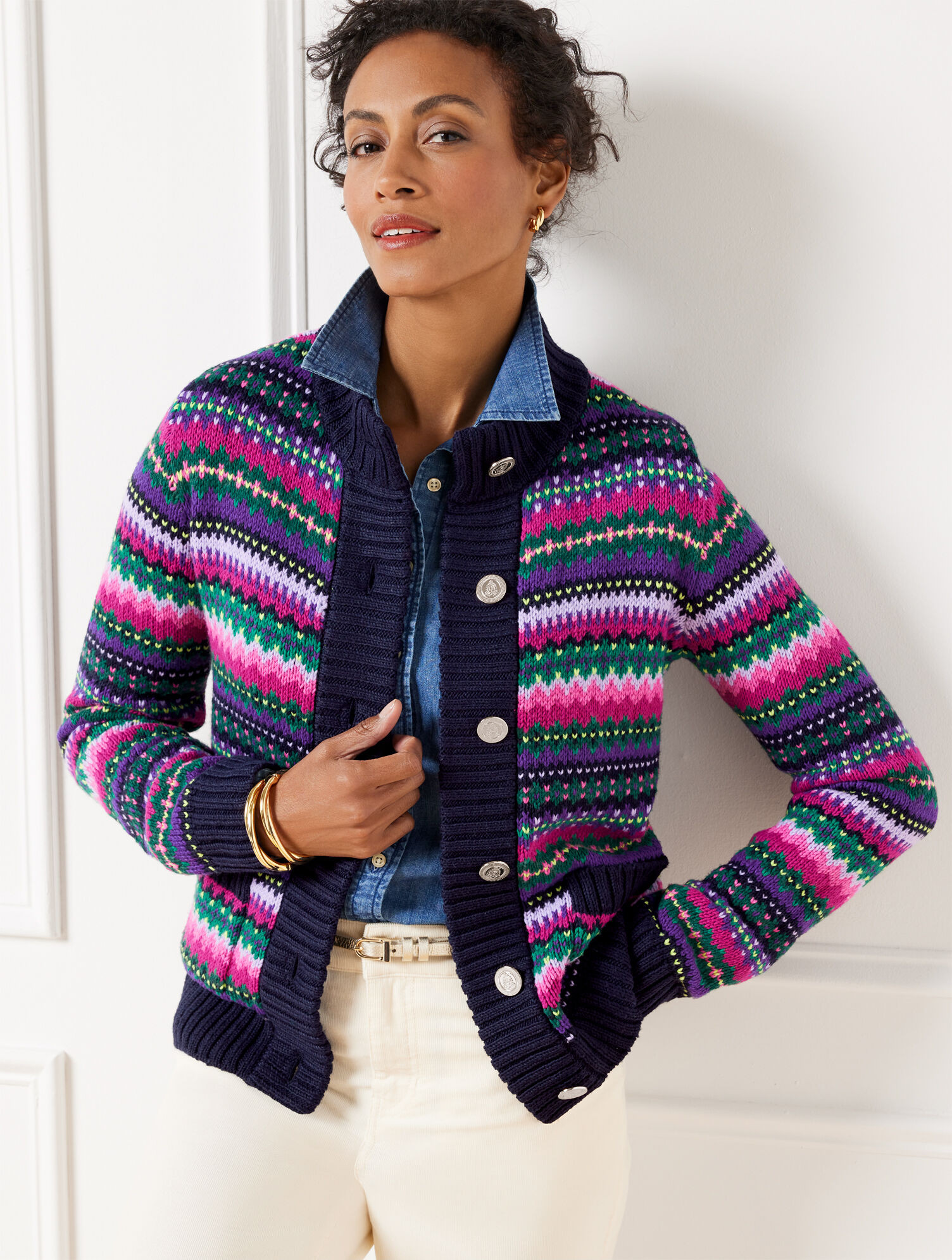 Mockneck Sweater Jacket - Cadet Fair Isle | Talbots