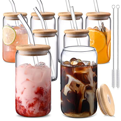 Glass Cups with Lids and Straws 8 pcs,16 oz Glass Iced Coffee Cups with Lids-DWTS Clear Glass Coffee Cups,Cute Glass Cups for Coffee Bar Accessories Gifts | Amazon (US)
