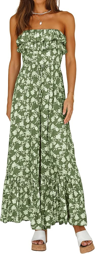 PRETTYGRDEN Women Casual Summer Jumpsuits 2023 Ruffle Square Neck Tie Back High Waist Boho Floral... | Amazon (US)