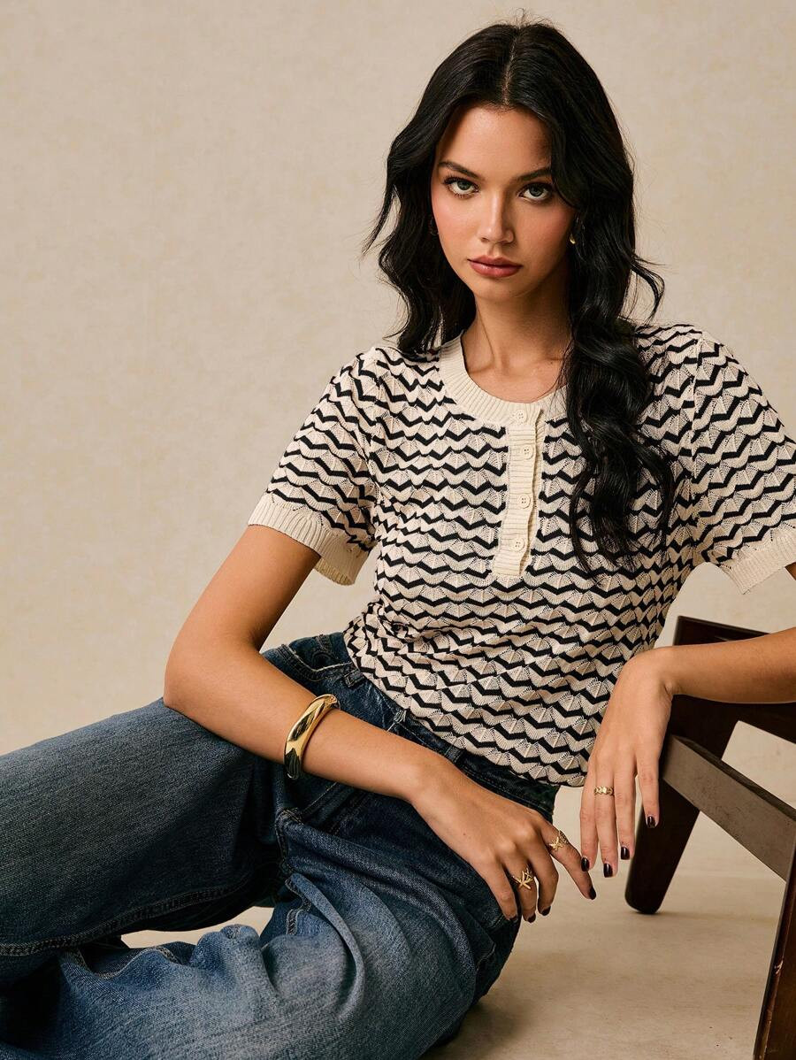 Poéselle Women's Summer Casual Striped Short Sleeve Knitted Top Fall Tops,Tops For School | SHEIN