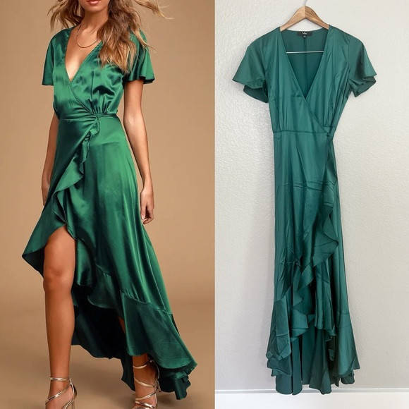 NWOT Love Of Your Life Dark Green Satin Ruffled Wrap Maxi Dress | Poshmark