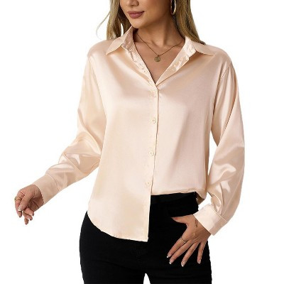 Women's Satin Button Down Shirt - Long Sleeve Collared Dressy Blouse for Work Beige XL | Target