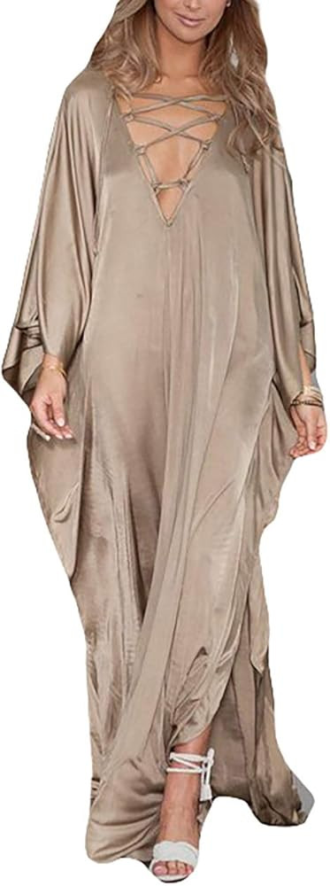 Bsubseach 2025 Long Kaftan Dresses Muumuu Plus Size V Neck Vintage Caftan Coverup Sexy Satin Dres... | Amazon (US)