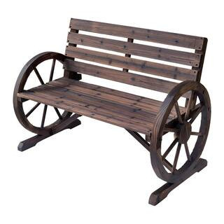 Rustic Wooden Outdoor Patio Wagon Wheel Bench Seat with Unique Rustic Style and Durable Fir Wood Construction | The Home Depot