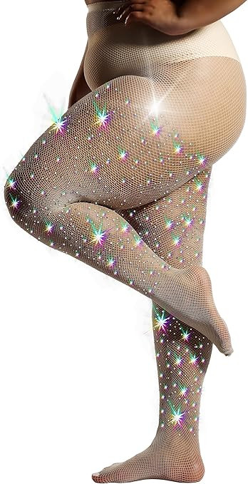 HONENNA Queen Plus Size 10X Strong Rhinestone Fishnet Stockings, Ultra Sparkly High Waist Tights ... | Amazon (US)