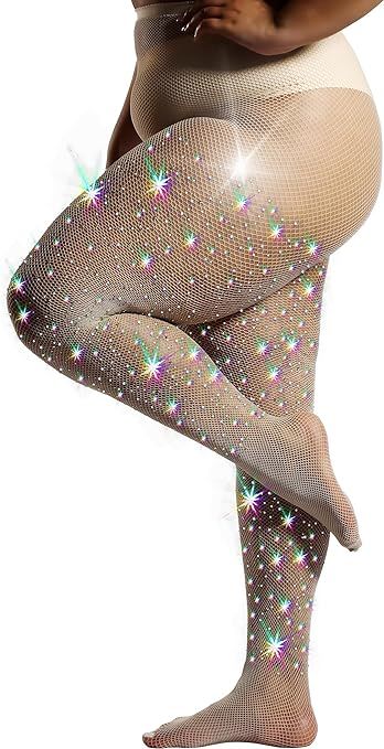 HONENNA Queen Plus Size 10X Strong Rhinestone Fishnet Stockings, Ultra Sparkly High Waist Tights ... | Amazon (US)