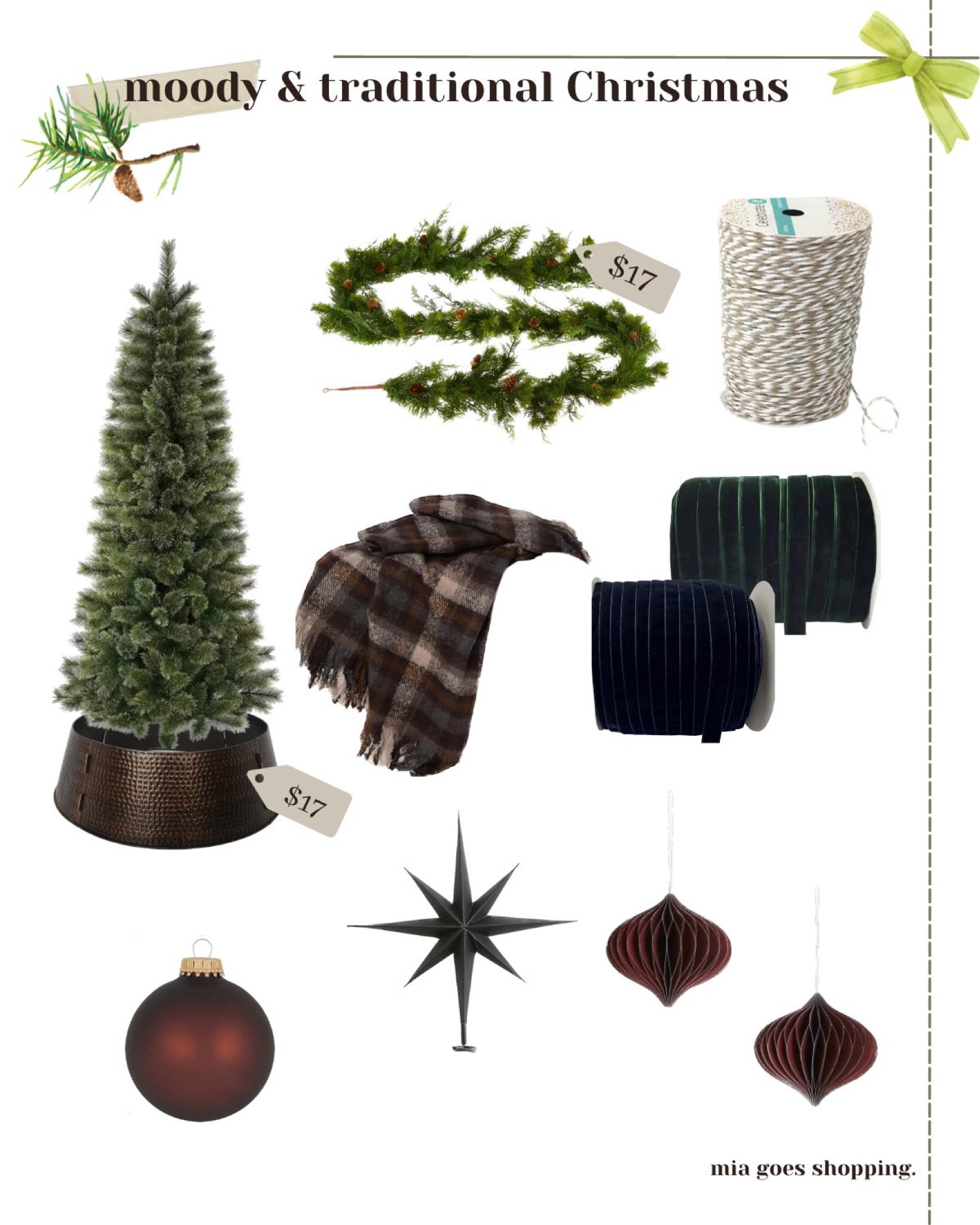 Traditional Christmas decorations. Dark and moody Christmas decorations. Brown and green Christmas. Christmas tree under $100. Velvet Christmas ribbon. Christmas cedar garland 

#LTKfindsunder100 #LTKhome #LTKHoliday