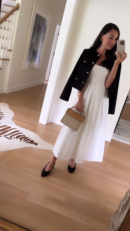 Classic outfit, white dress, lady jacket, Chanel slingback pumps, Wicker Wings purse, straw bag, spring outfit, summer outfit. 

#LTKSeasonal #LTKItBag #LTKWorkwear