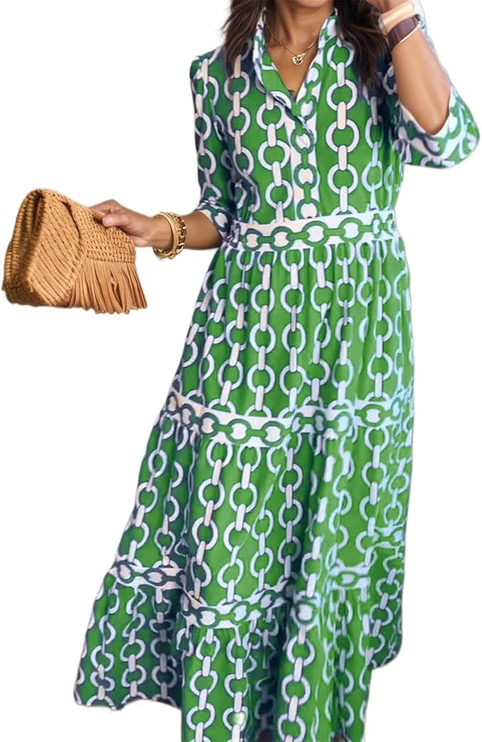 Summer Maxi Dresses for Women Casual Chain Print Round Neck 3/4 Sleeve Flowy Beach Boho Long Dres... | Amazon (US)