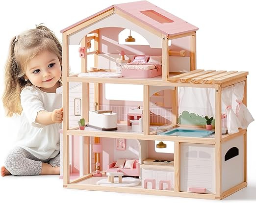 ROBOTIME Wooden Dollhouse, Doll House with 29 Pieces Furniture Set - Pool and Elevator, Wooden Do... | Amazon (US)
