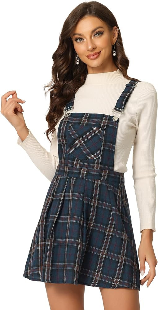 Allegra K Women's Plaid Pinafore Overall Dress Vintage Checks A-Line Suspender Mini Skirt | Amazon (US)