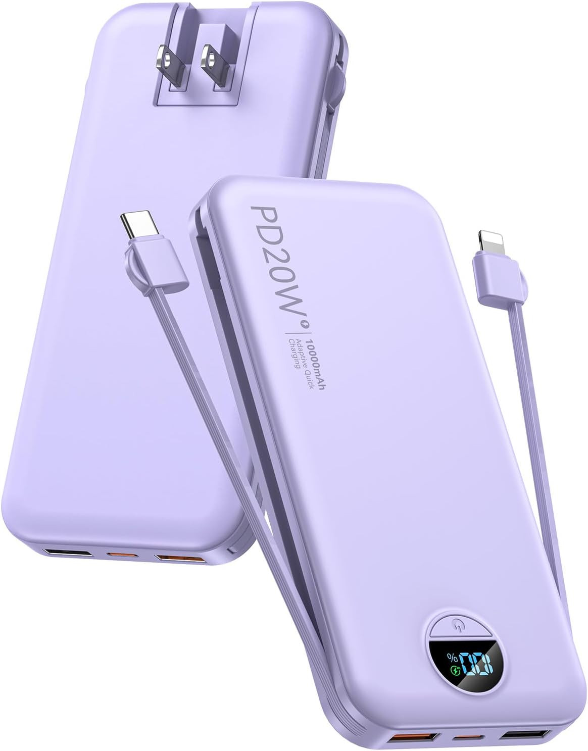 Portable Charger 10000mAh PD20W w/Built-in Cables & Wall Plug Purple | Amazon (US)