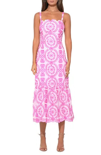 Adelyn Rae Raelynn Lace-Up Embroidered Midi Dress in Lilac/Magenta at Nordstrom Rack, Size X-Small | Nordstrom Rack