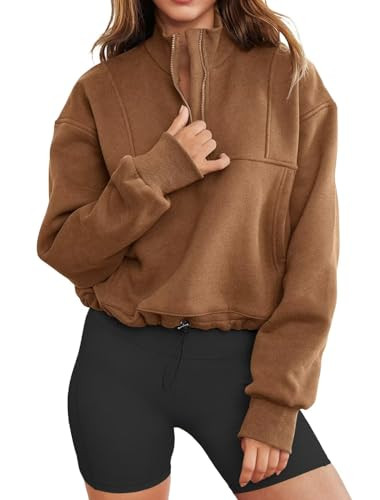 INFITTY Women's Half Zip Cropped Pullover Sweatshirt Long Sleeve Lightweight Hoodies Tops for Teen Girls Khaki M | Amazon (US)