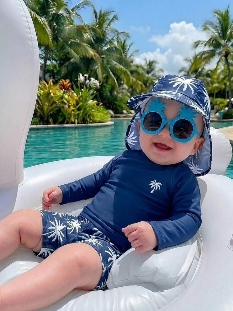 SHEIN Unisex Baby 3pcs/Set Blue Cute Coconut Tree Pattern Long Sleeve Rash Guard Swimsuit And Sun... | SHEIN