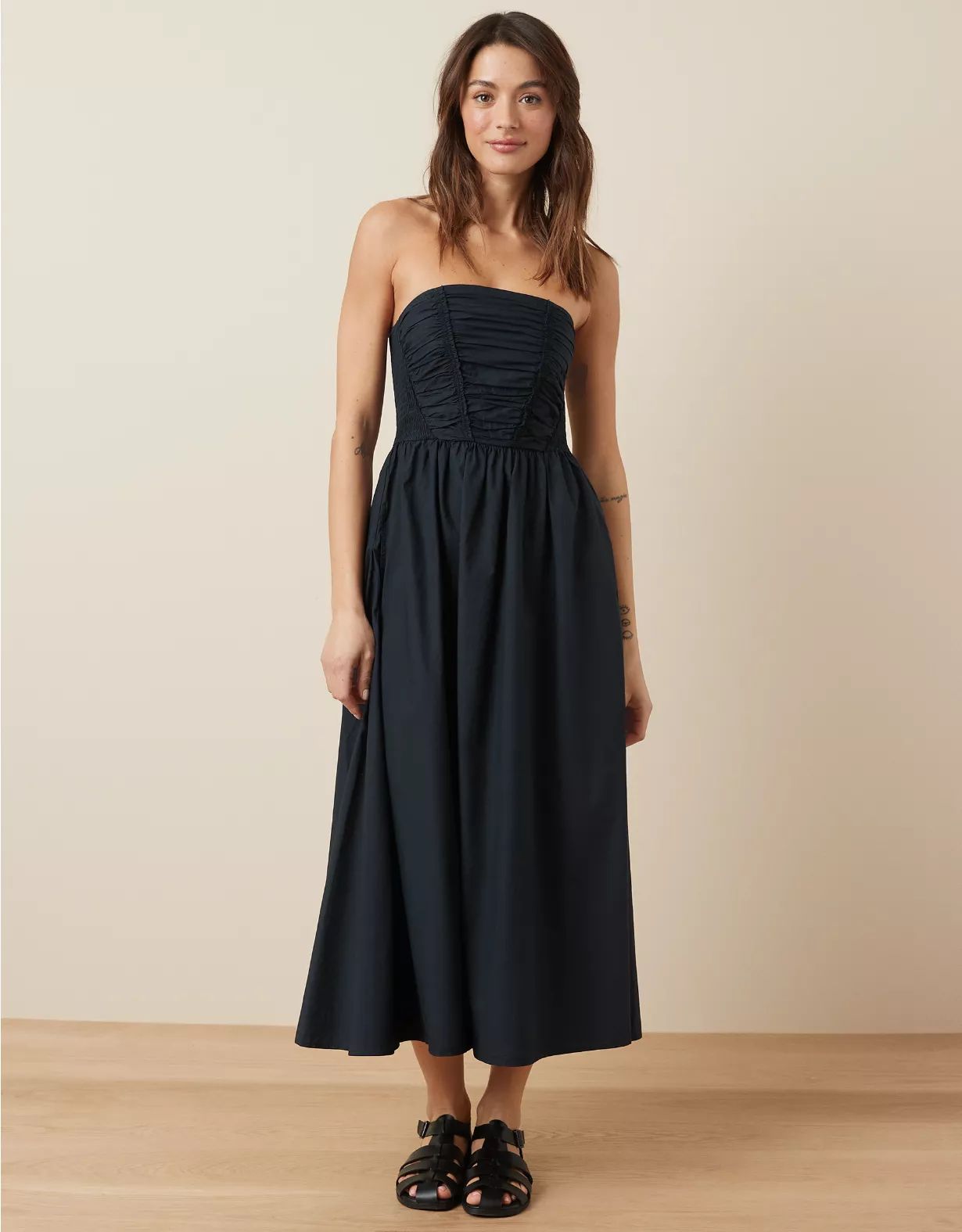 AE Strapless Ruched Poplin Midi Dress | American Eagle Outfitters (US & CA)