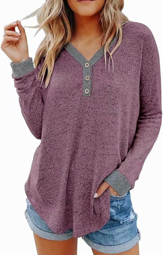 Lacozy Women V Neck Henley Shirts Button Ribbed Knit Sweaters Loose Fit Color Block Blouse Tops a... | Amazon (US)