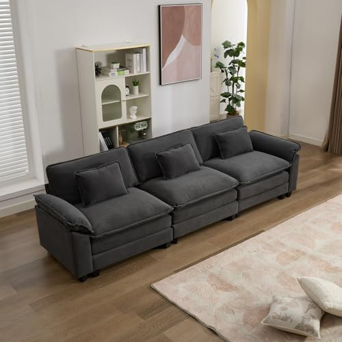 IPKIG 117" Sectional Sofa Cloud Couch, Modern Velvet Comfy Upholstered 3-Seat Sofa with 3 Lumbar Pillow, Deep Seat Modular Couch for Living Room, Apartment, Office, Studio, Dark Grey | Amazon (US)
