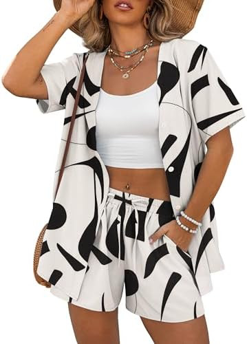 REDHOTYPE Womens 2 Piece Outfits Lightweight Button Down Top Casual Shorts Printed Summer Vacatio... | Amazon (US)