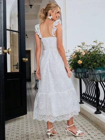 Simplee Dames modieuze zoete pure kleur romantische borduurjurk | SHEIN